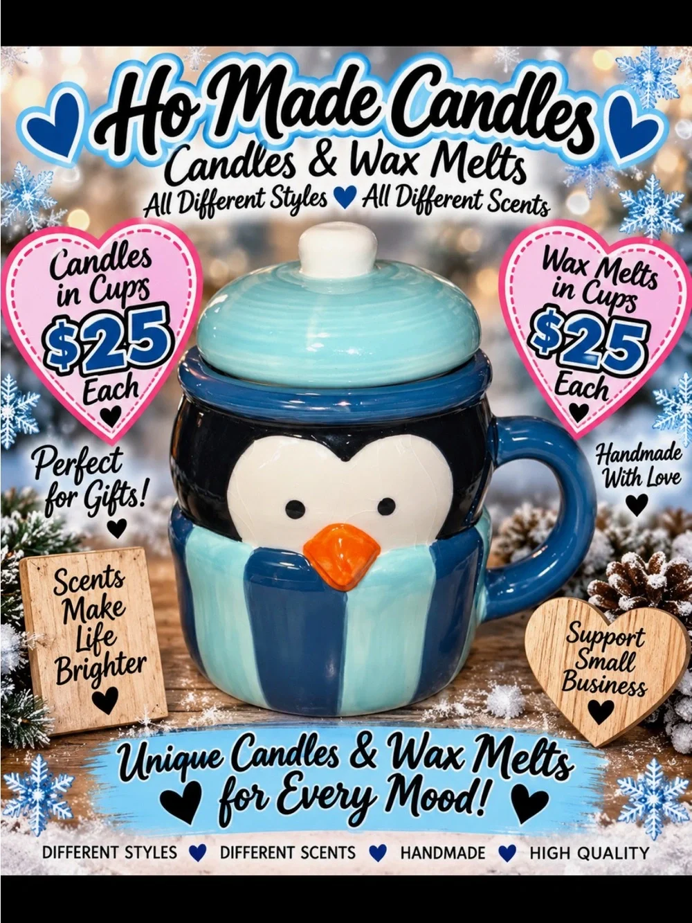Pick your melts Ho Made Candles Blue Penguin Ceramic Candle Mug with Lid